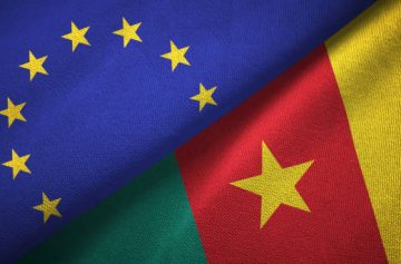 Cameroon and European Union flags together textile cloth, fabric texture